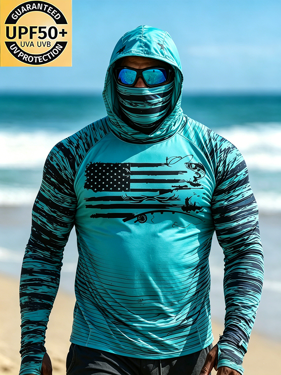 Men'S Big & Tall American Flag Fishing Print Cool Breathable Teal Hooded-SunSeaUp