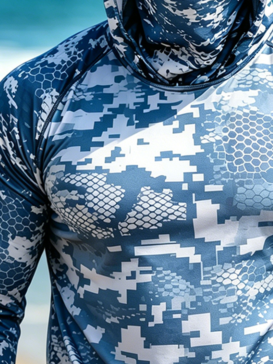 Men'S Big & Tall "Blue-White Honeycomb Camo" Print Cool Breathable Hooded-SunSeaUp