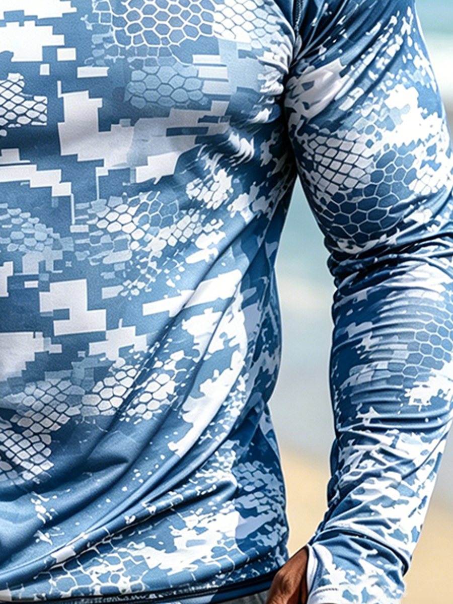 Men'S Big & Tall "Blue-White Honeycomb Camo" Print Cool Breathable Hooded-SunSeaUp