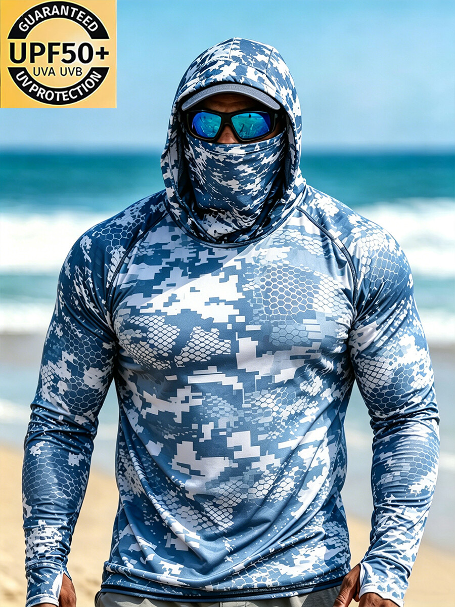 Men'S Big & Tall "Blue-White Honeycomb Camo" Print Cool Breathable Hooded-SunSeaUp