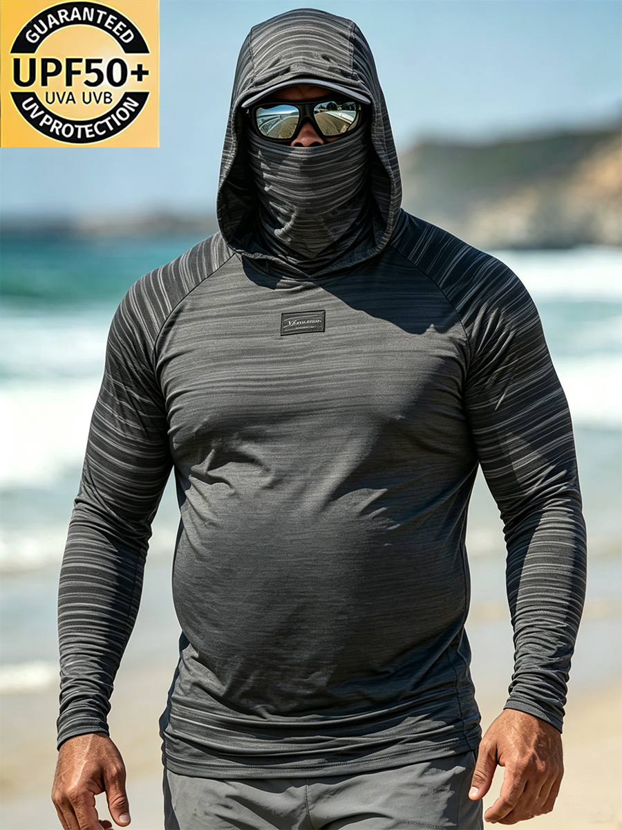 Men'S Big & Tall "Dark Heather Gray Stripe" Print Cool Breathable Hooded-SunSeaUp