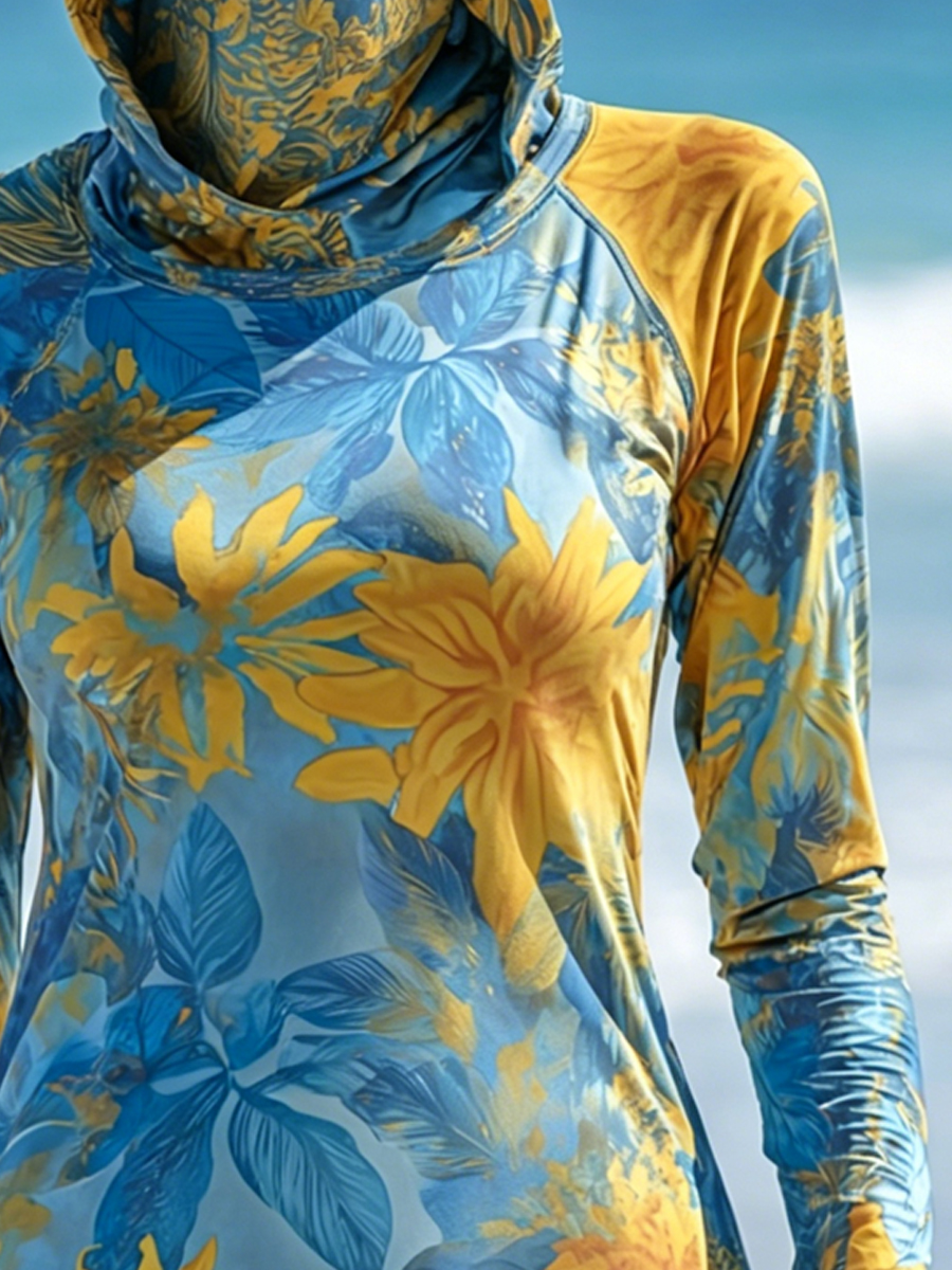 Women's Tropical Floral Print Cool Breathable Sun Protection Hoodie-SunSeaUp