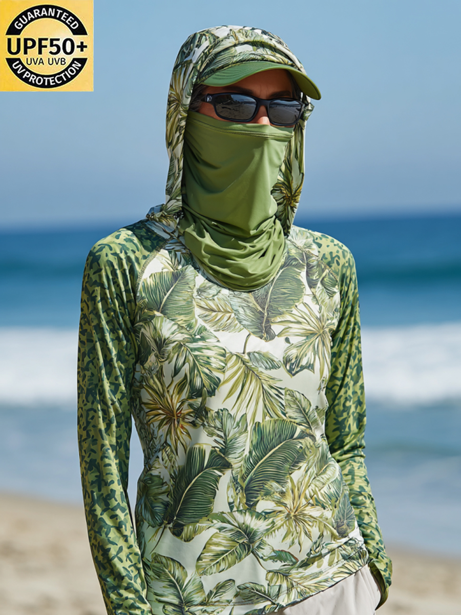 Women's Tropical Botanical Print Cool Breathable Sun Protection Hoodie-SunSeaUp