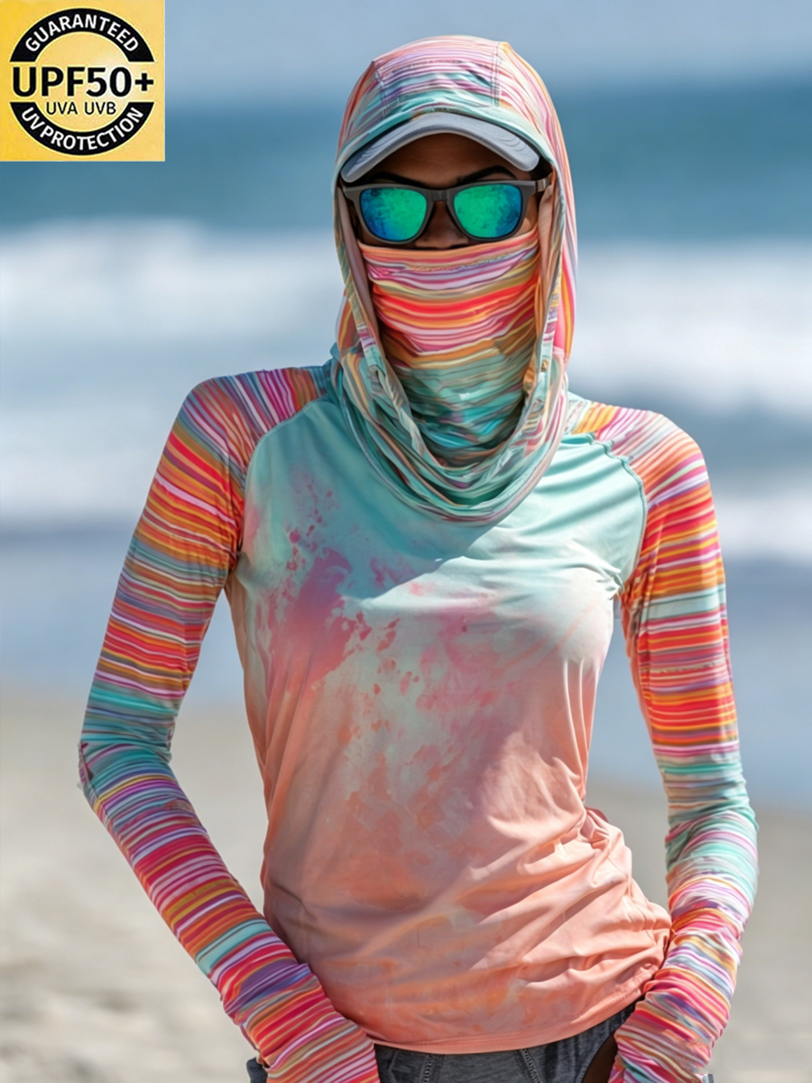 Women' Multicolor Striped Print Cool Breathable Sun Protection Hoodie-SunSeaUp