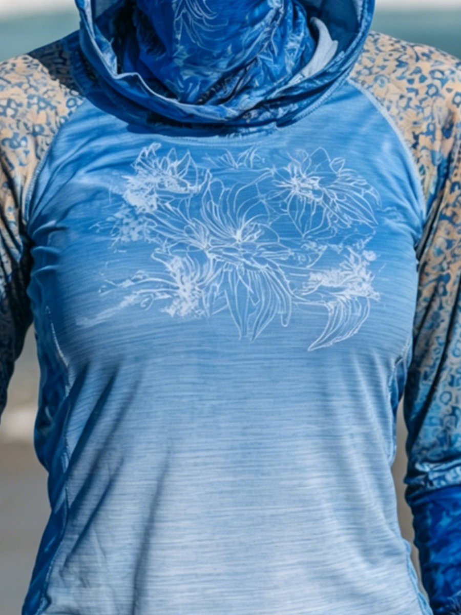 Women's Botanical Art Floral Motifs Print Cool Breathable Sun Protection Hoodie-SunSeaUp
