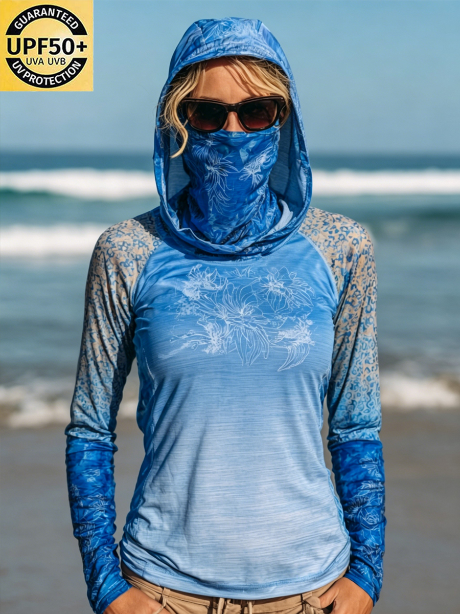 Women's Botanical Art Floral Motifs Print Cool Breathable Sun Protection Hoodie-SunSeaUp