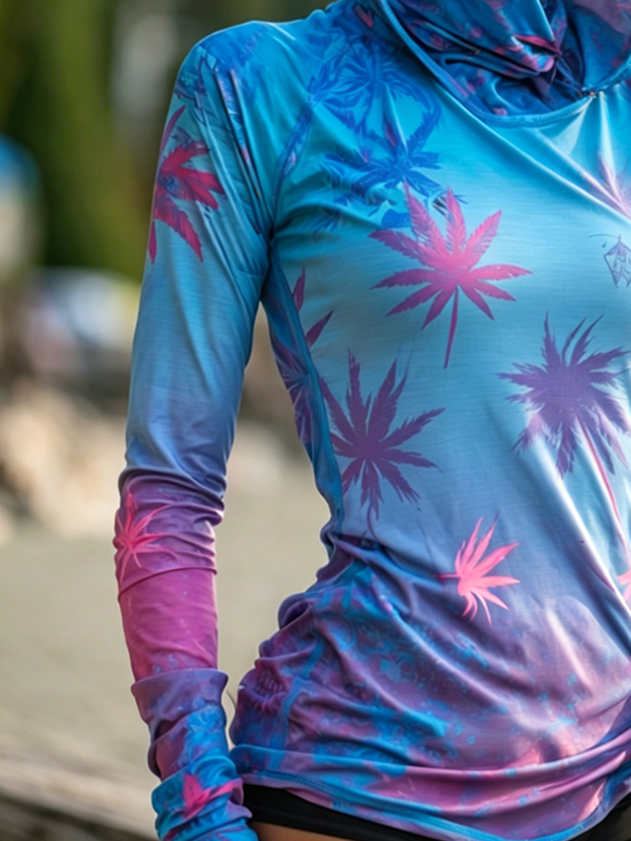 Women's Tropical Pattern Palm Tree Print Cool Breathable Sun Protection Hoodie-SunSeaUp