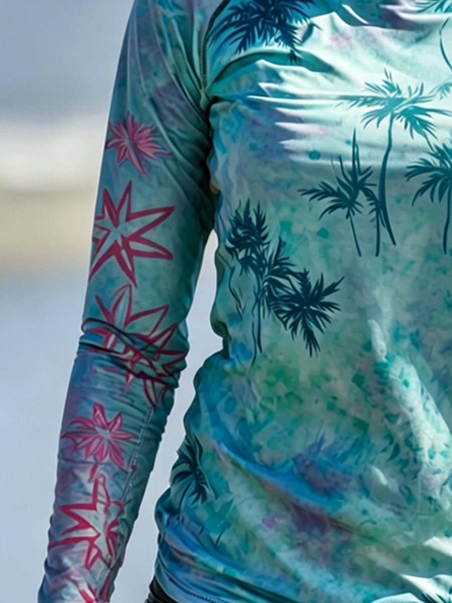 Women's Tropical Style Plants Print Cool Breathable Sun Protection Hoodie-SunSeaUp