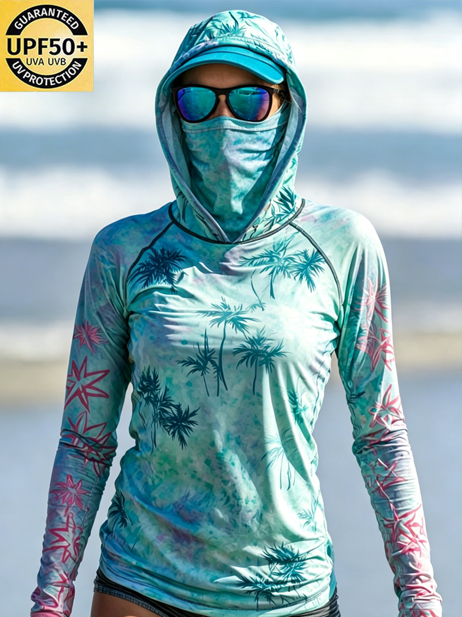 Women's Tropical Style Plants Print Cool Breathable Sun Protection Hoodie-SunSeaUp