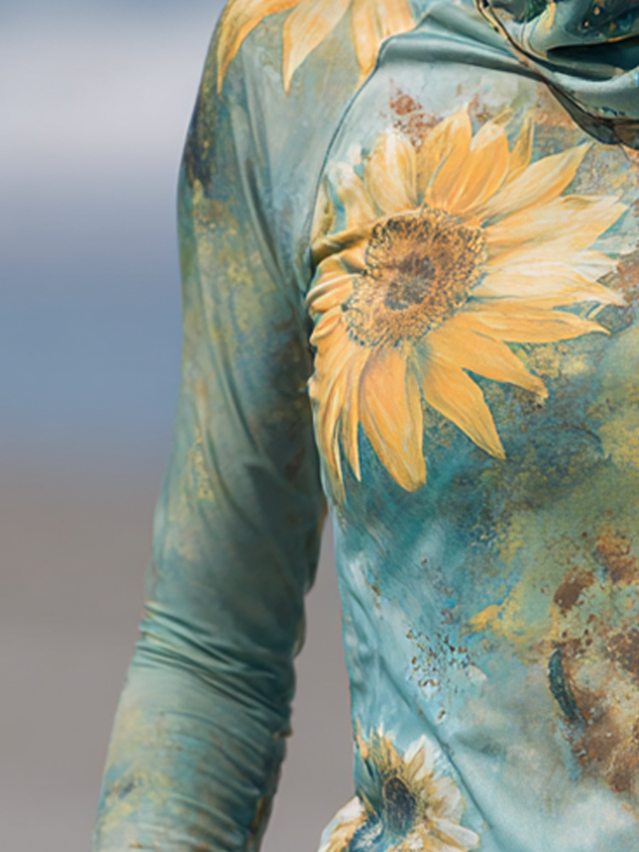 Women's "Teal Base with Watercolor Sunflower Print" Cool Breathable Hooded