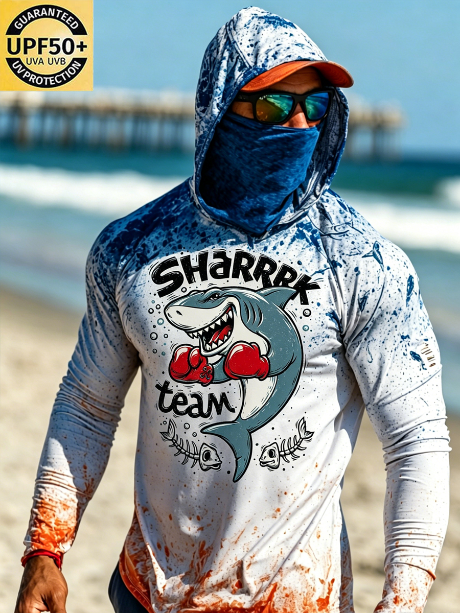 Men's Boxing Shark Fishbone Print Breathable Long-Sleeved Hooded Sun Protection Hoodie