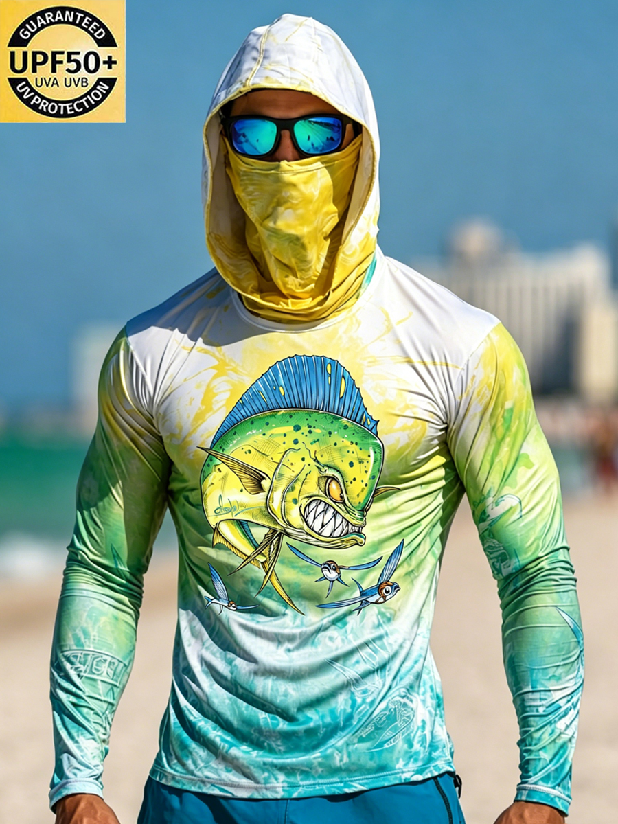 Men's Vibrant Mahi-Mahi Seabird Print Breathable Long-Sleeved Hooded Sun Protection Hoodie