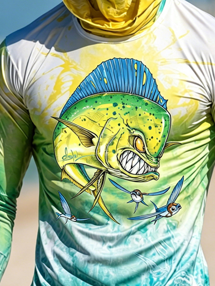 Men's Vibrant Mahi-Mahi Seabird Print Breathable Long-Sleeved Hooded Sun Protection Hoodie