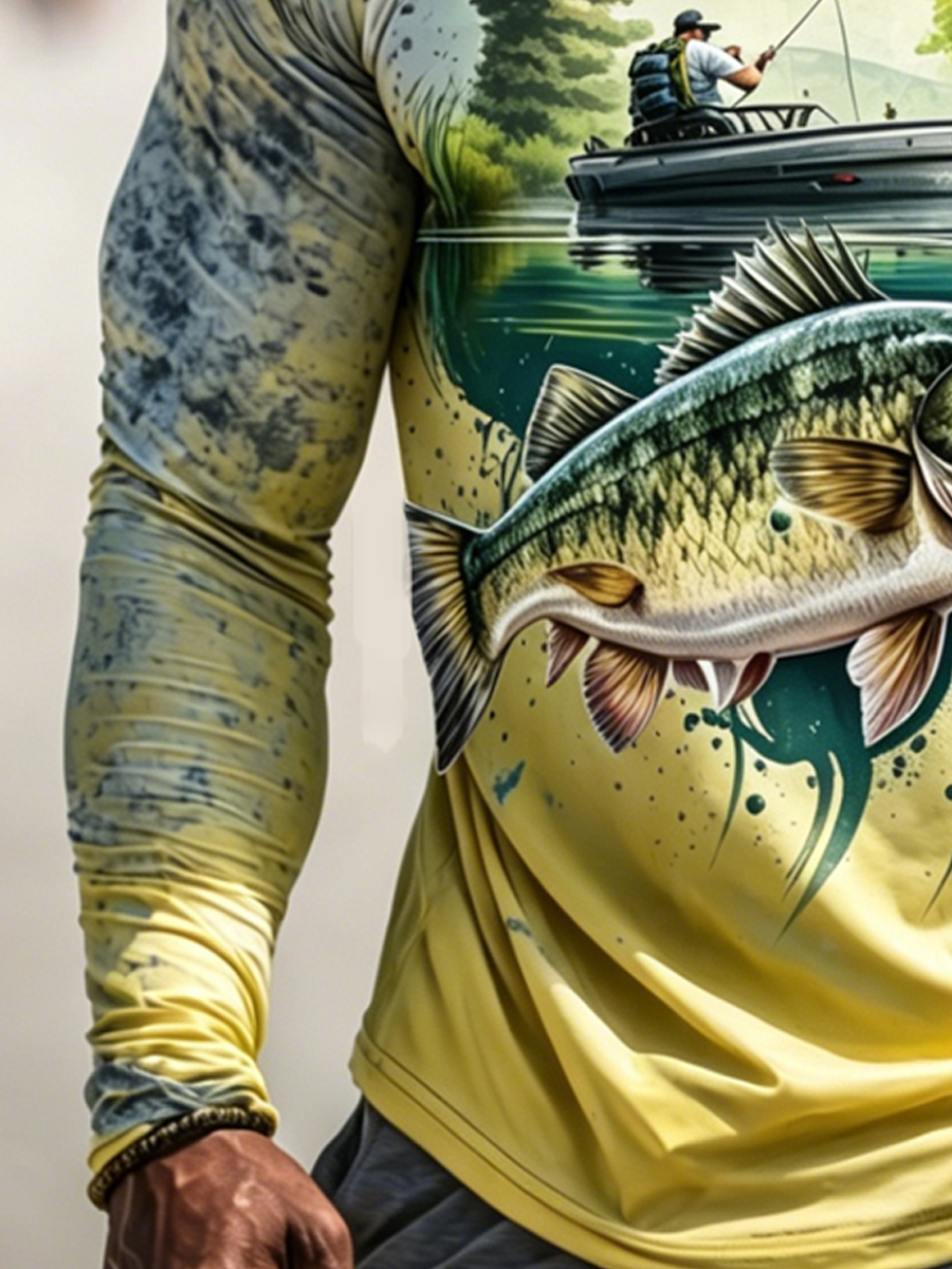 Men's Largemouth Bass Boat Fishing Print Breathable Long-Sleeved Hooded Sun Protection Hoodie