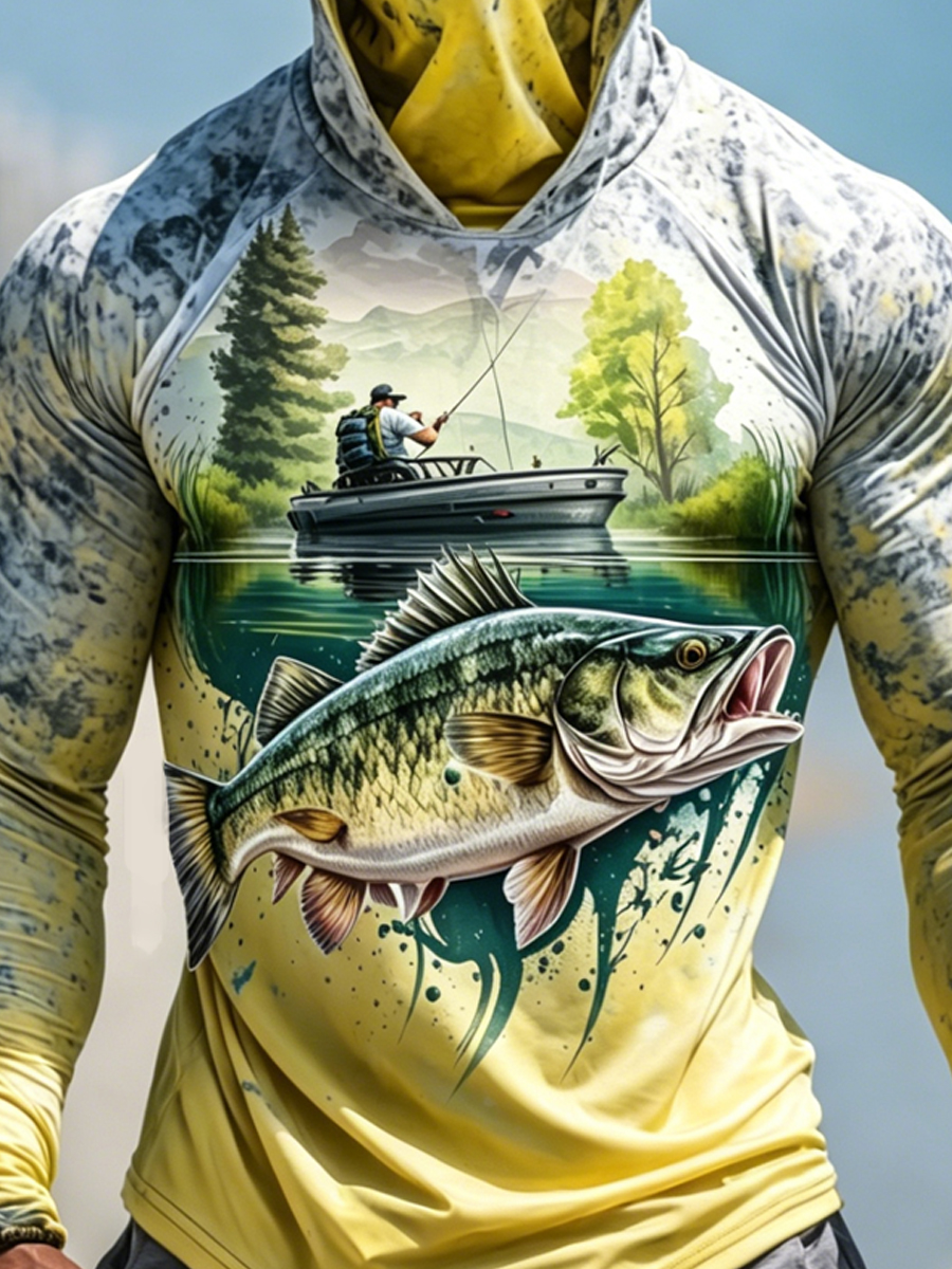 Men's Largemouth Bass Boat Fishing Print Breathable Long-Sleeved Hooded Sun Protection Hoodie