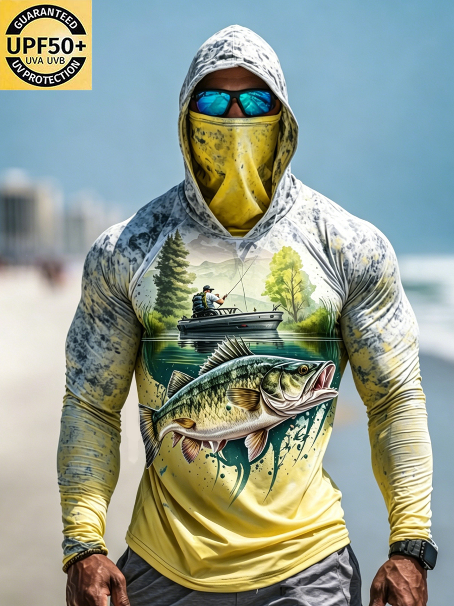 Men's Largemouth Bass Boat Fishing Print Breathable Long-Sleeved Hooded Sun Protection Hoodie