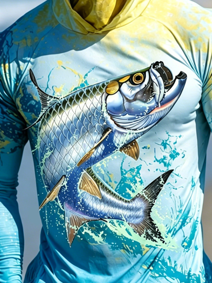 Men's Jumping Tarpon Wave Print Breathable Long-Sleeved Hooded Sun Protection Hoodie