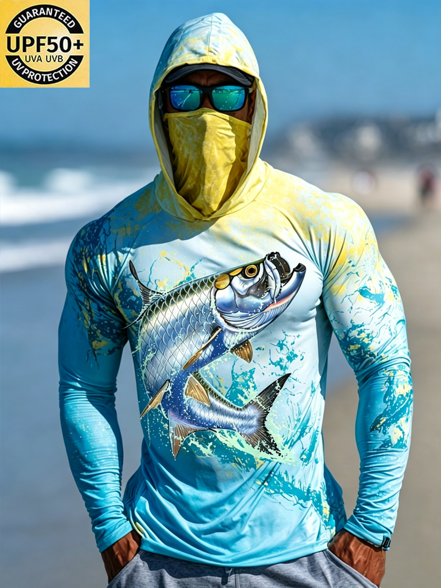 Men's Jumping Tarpon Wave Print Breathable Long-Sleeved Hooded Sun Protection Hoodie