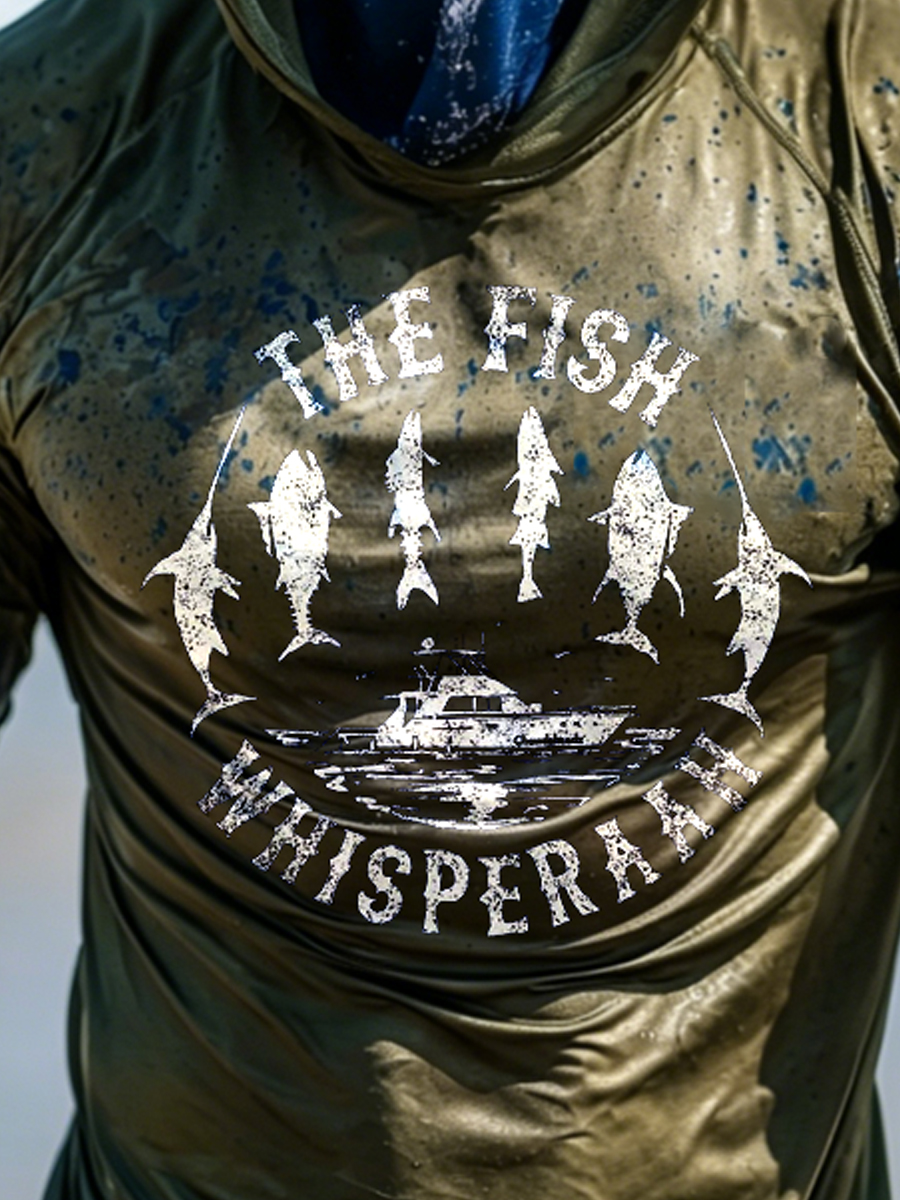 Men's Faded Fishing Emblem Graphic Print Breathable Sun Protection Long-Sleeved Hoodie