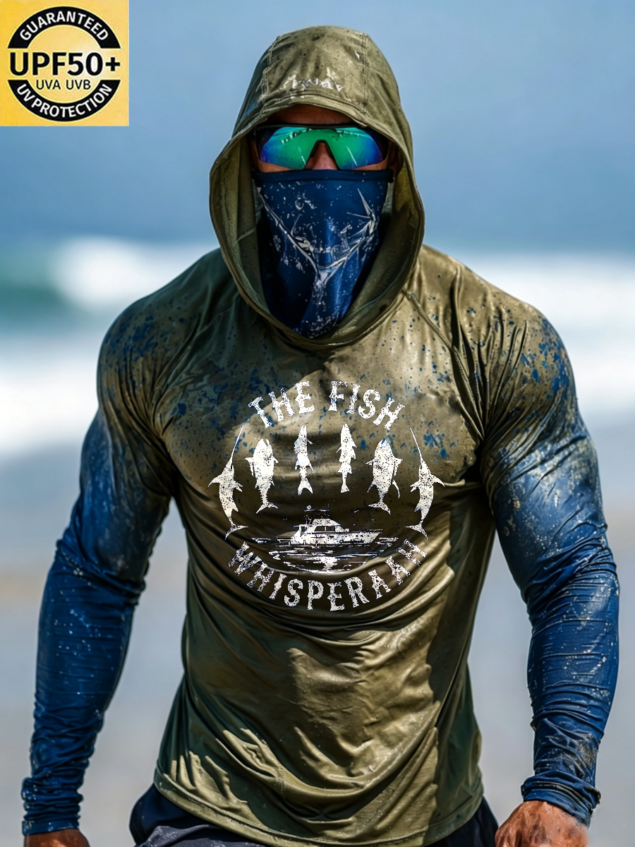 Men's Faded Fishing Emblem Graphic Print Breathable Sun Protection Long-Sleeved Hoodie