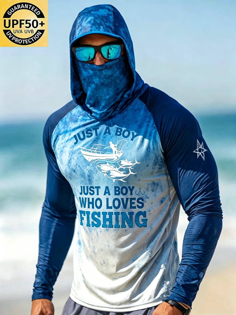 Men's Just a Boy Who Loves Fishing Quote Print Breathable Long-Sleeved Hooded Sun Protection Hoodie
