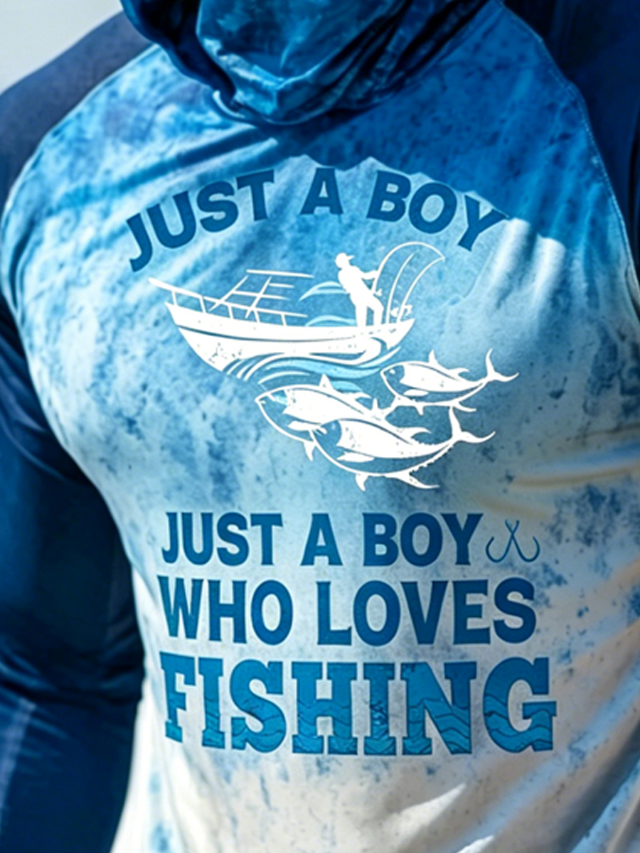 Men's Just a Boy Who Loves Fishing Quote Print Breathable Long-Sleeved Hooded Sun Protection Hoodie