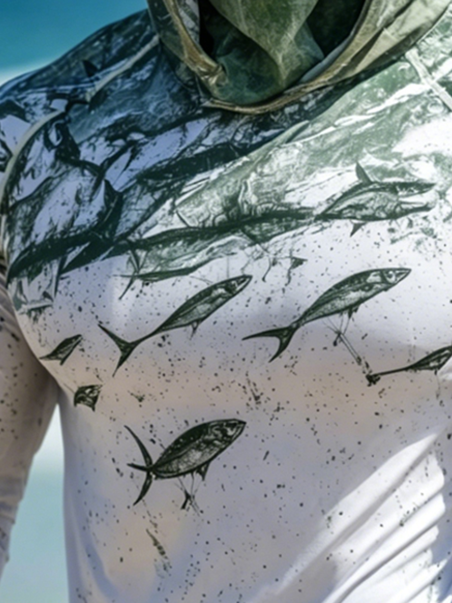 Men's Camouflage Fish Pattern Print Breathable Long-Sleeved Hooded Sun Protection Hoodie