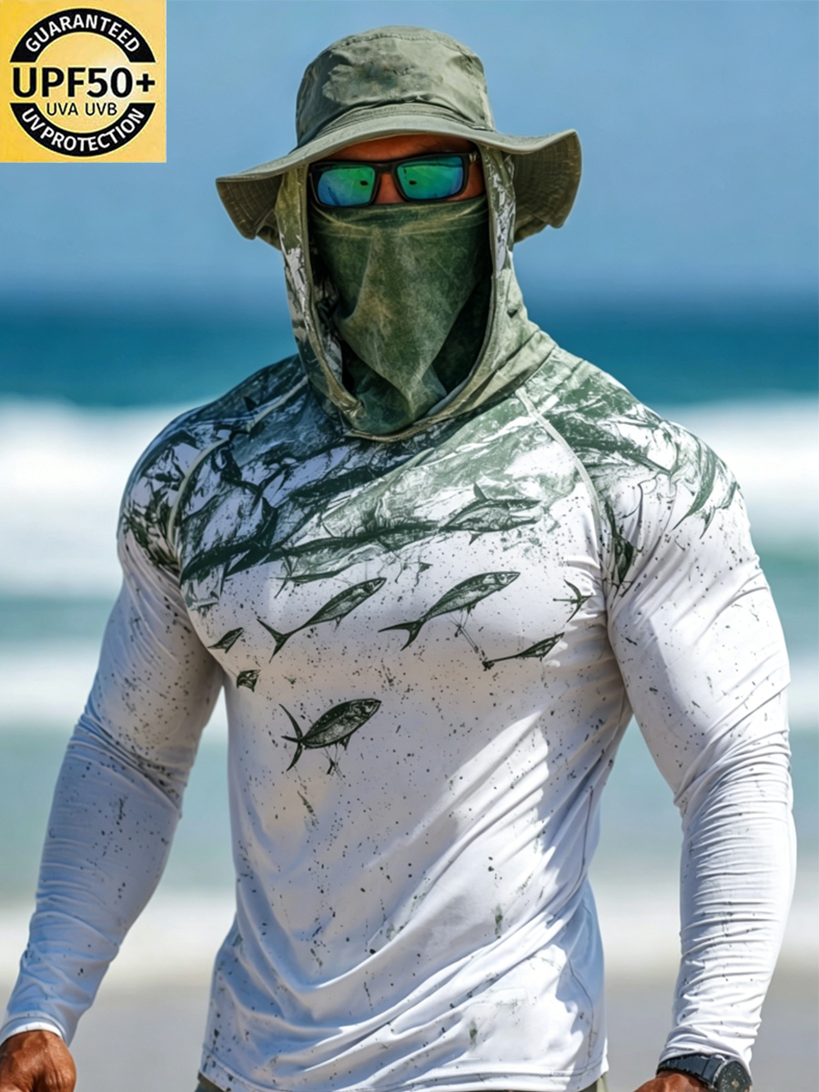 Men's Camouflage Fish Pattern Print Breathable Long-Sleeved Hooded Sun Protection Hoodie