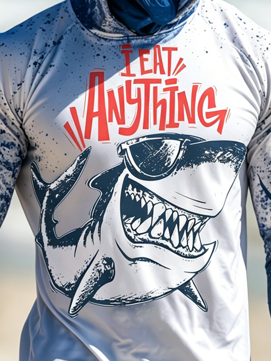 Men's Sunglasses Cool Shark Print Breathable Long-Sleeved Hooded Sun Protection Hoodie