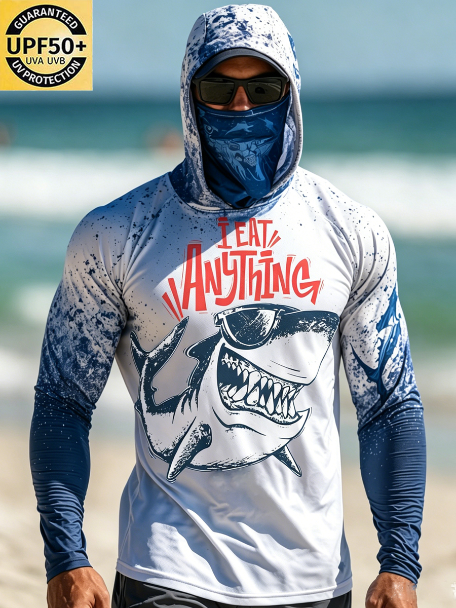 Men's Sunglasses Cool Shark Print Breathable Long-Sleeved Hooded Sun Protection Hoodie
