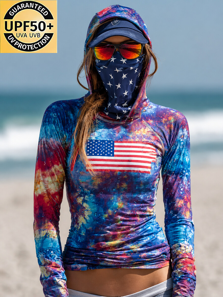 Women's Vintage Camouflage Usa American Flag Print Hooded Sun Protection Jacket