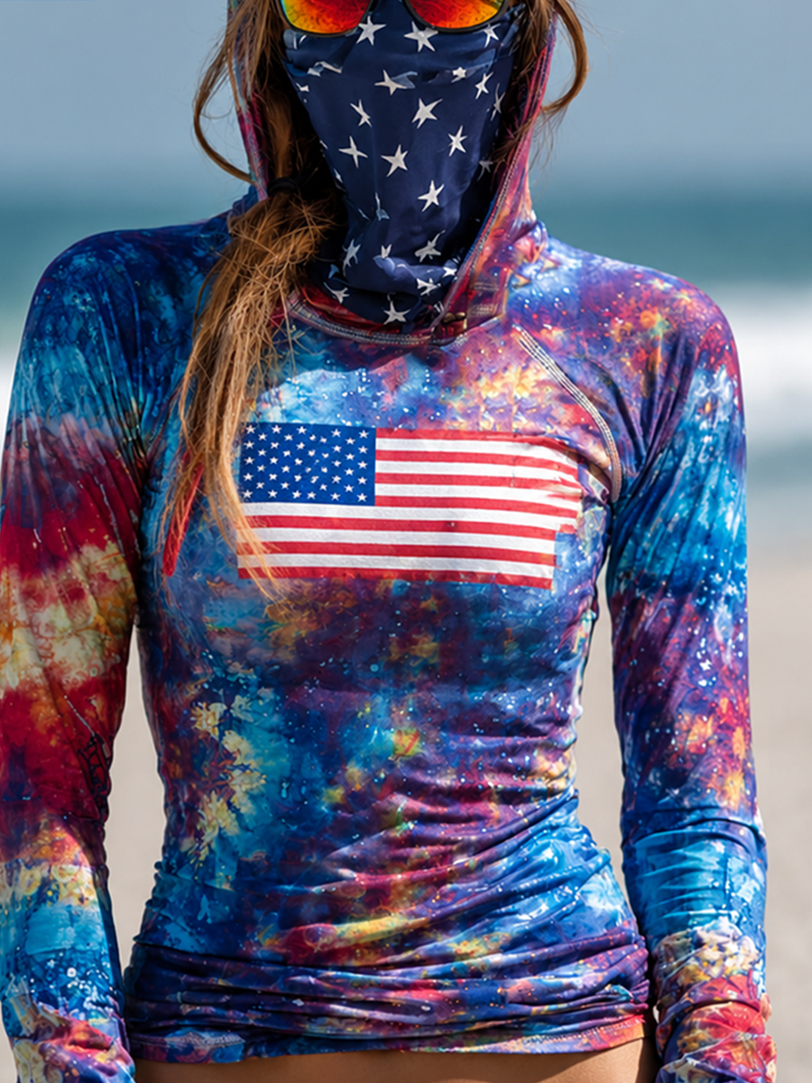 Women's Vintage Camouflage Usa American Flag Print Hooded Sun Protection Jacket