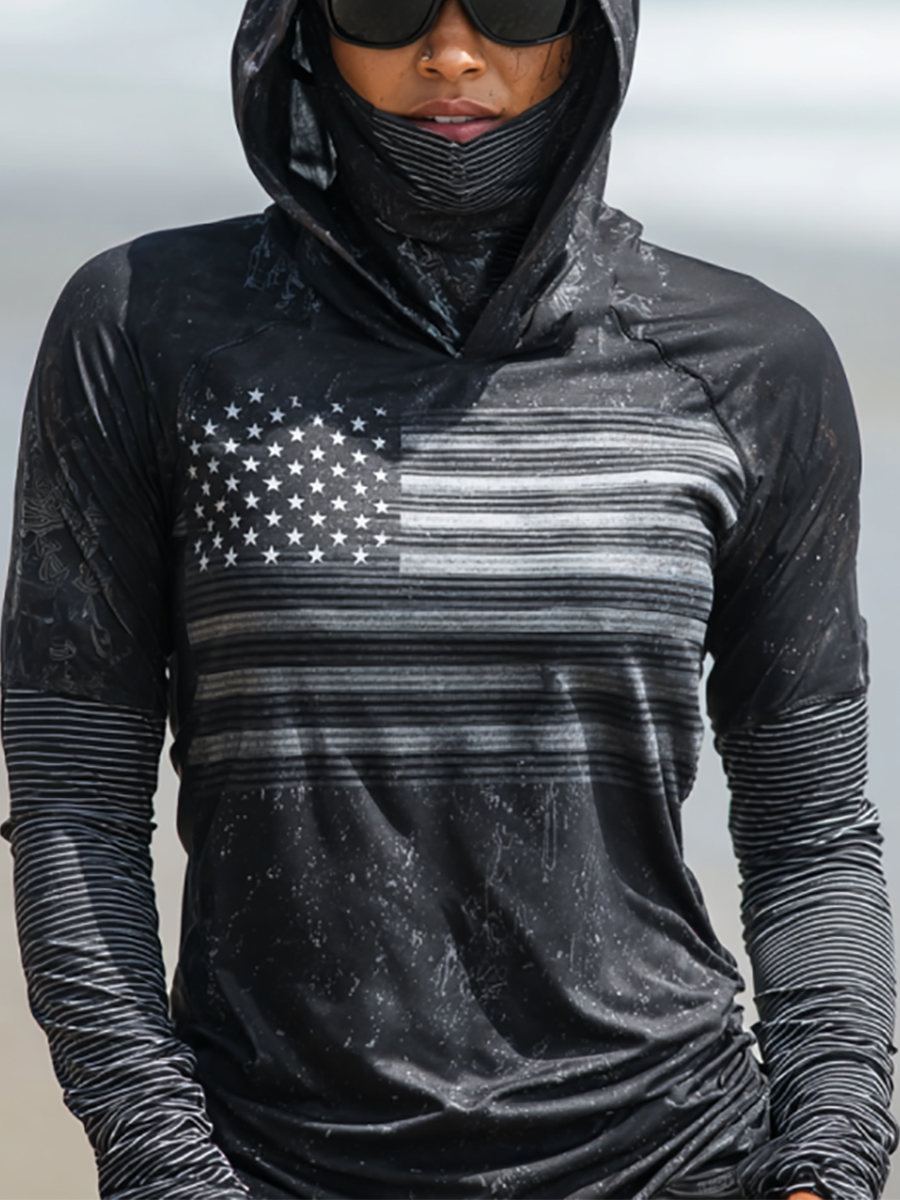 Women's Vintage U.S. Flag Print Hooded Sun Protection Jacket