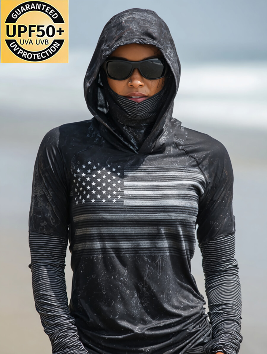 Women's Vintage U.S. Flag Print Hooded Sun Protection Jacket