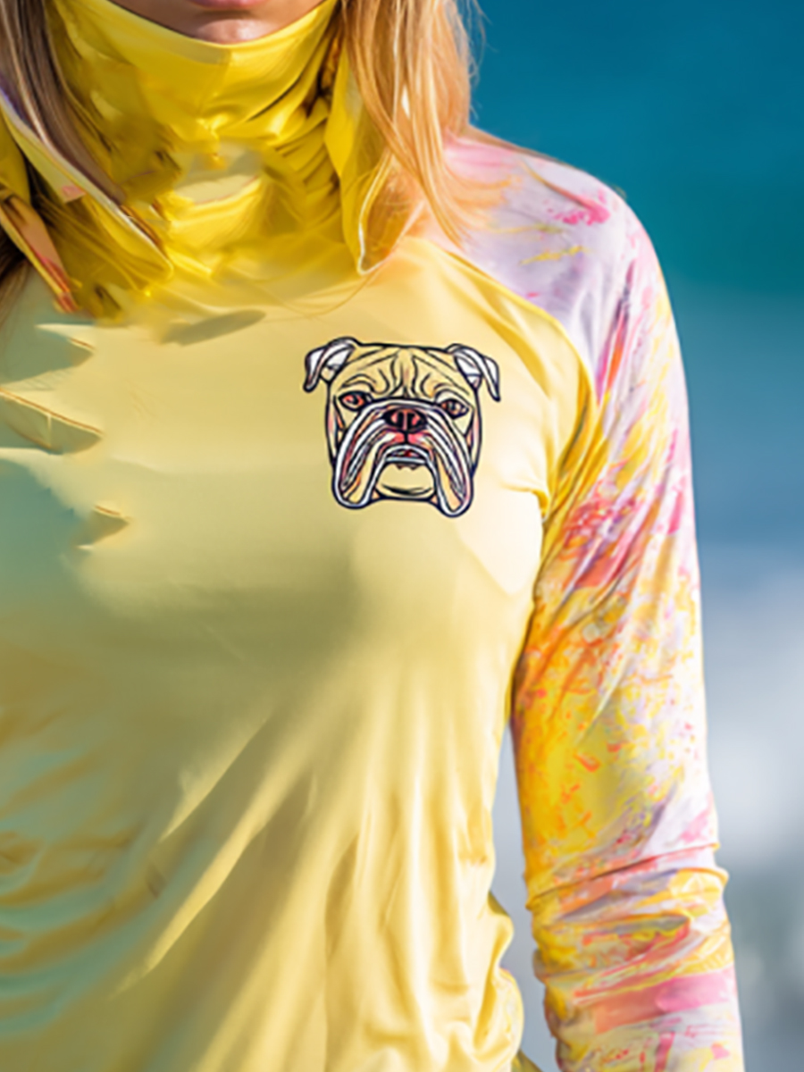 Women's Minimalist Bulldog Head Paint Splatter Gradient Print Hooded Sun Protection Jacket