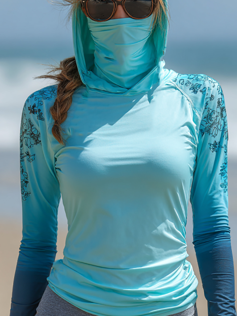 Women's Gradient Layered Mountain Landscape Print Hooded Sun Protection Jacket