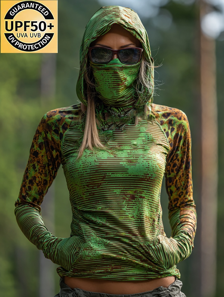 Women's Olive Green Vintage Hunting Camo Print Hooded Sun Protection Jacket