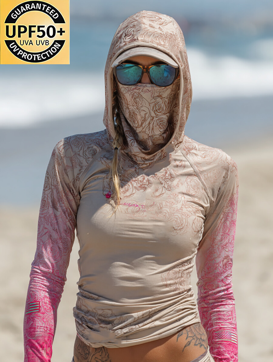 Women's Line Art Rose Floral Usa Flag Print Hooded Sun Protection Jacket