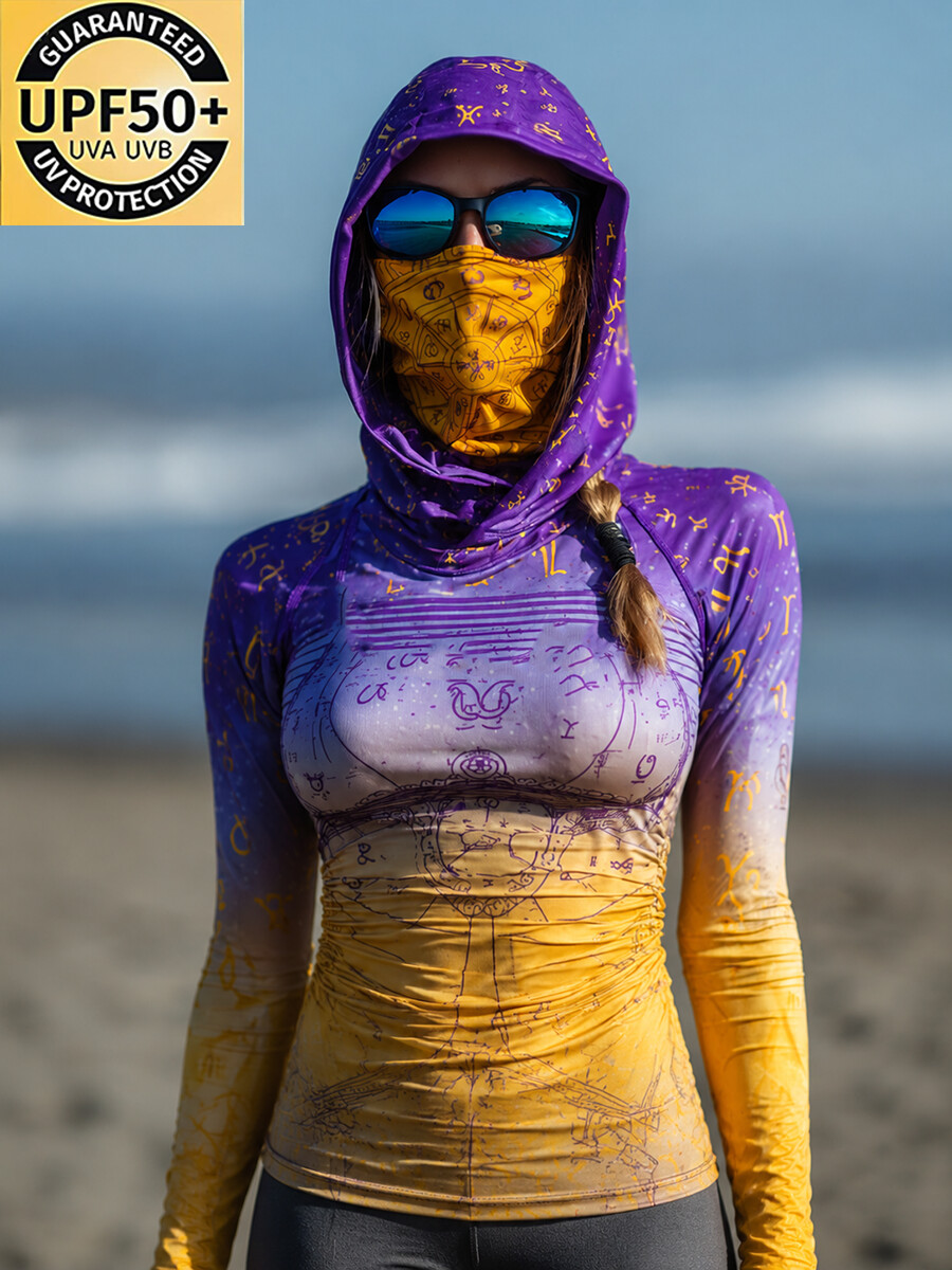 Women's Gradient Purple Yellow Scarab Art Print Hooded Sun Protection Jacket