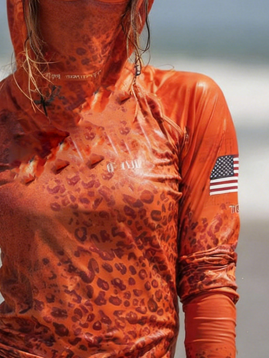 Women's Vintage American Flag And Leopard Animal Print Hooded Sun Protection Jacket