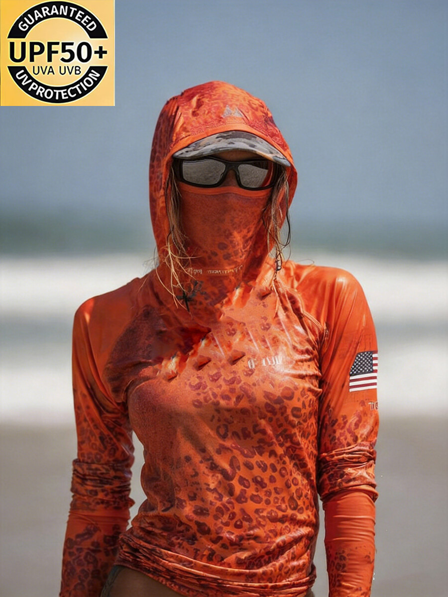 Women's Vintage American Flag And Leopard Animal Print Hooded Sun Protection Jacket