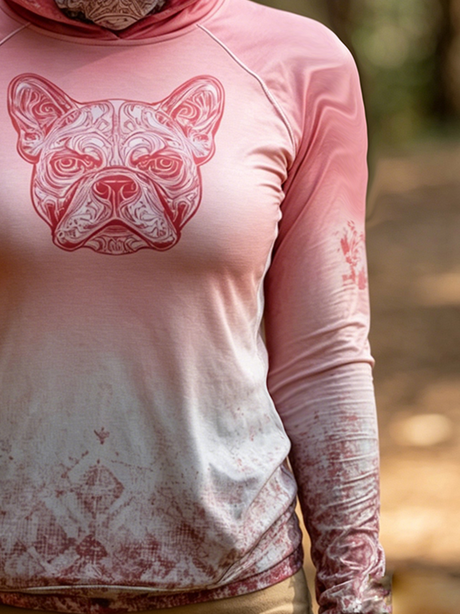 Women's Gradient Pink Line Art French Bulldog Print Hooded Sun Protection Jacket