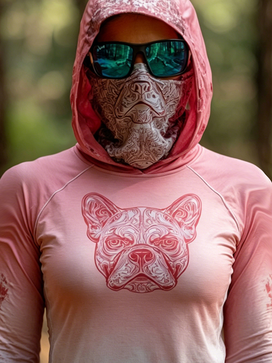 Women's Gradient Pink Line Art French Bulldog Print Hooded Sun Protection Jacket