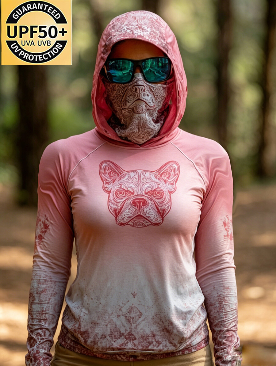 Women's Gradient Pink Line Art French Bulldog Print Hooded Sun Protection Jacket