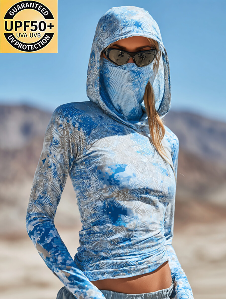 Women's Ukiyo-e Japanese Swirl Wave Print Hooded Sun Protection Jacket