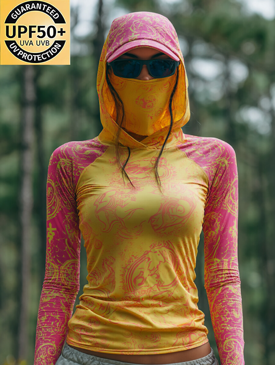 Women's Two Tone Retro Rococo Lady Floral Print Hooded Sun Protection Jacket