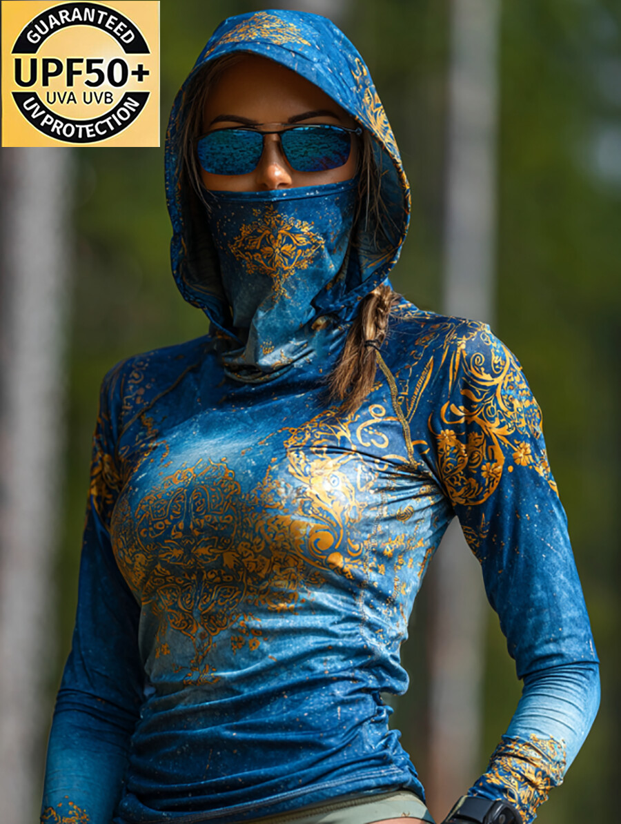 Women's Vintage Gradient Damask Floral Print Hooded Sun Protection Jacket