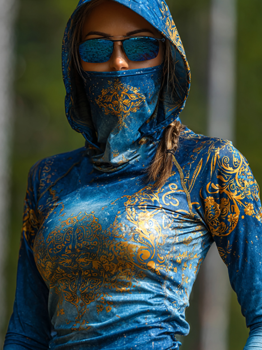 Women's Vintage Gradient Damask Floral Print Hooded Sun Protection Jacket