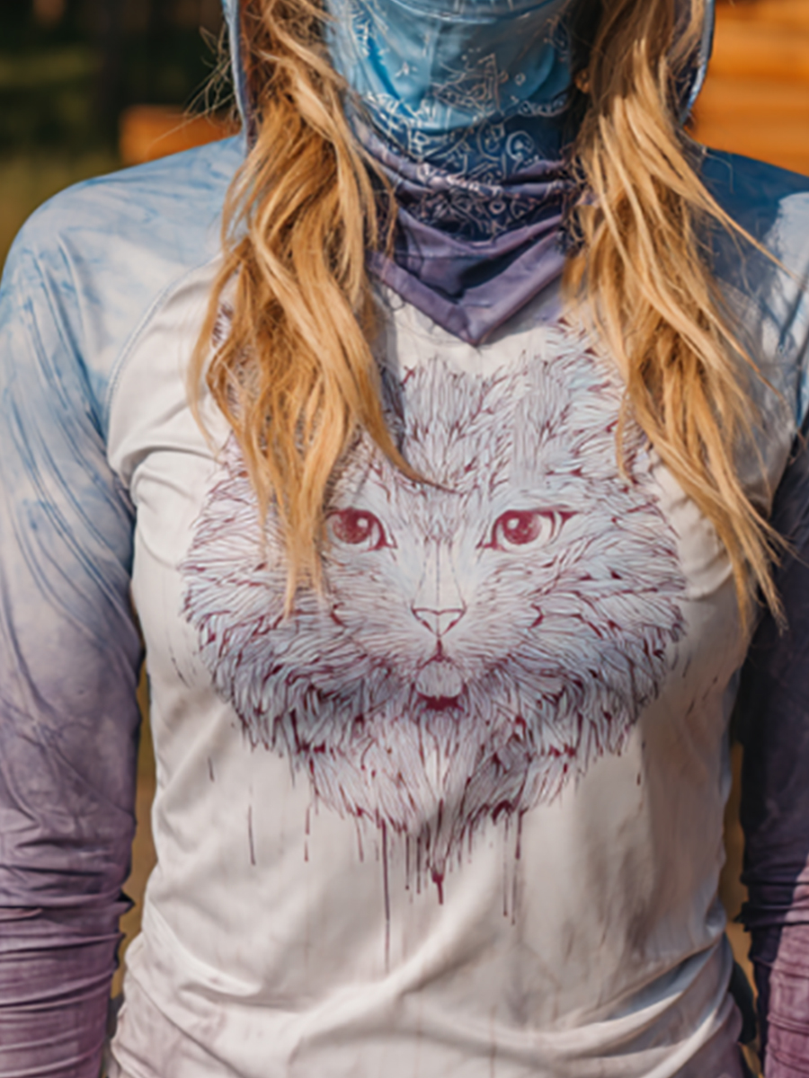 Women's Gothic Longhair Cat Face Crescent Moon Watercolor Splatter Print Hooded Sun Protection Jacket
