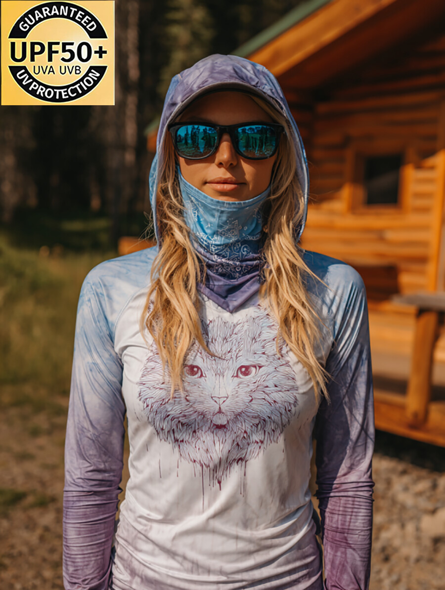 Women's Gothic Longhair Cat Face Crescent Moon Watercolor Splatter Print Hooded Sun Protection Jacket